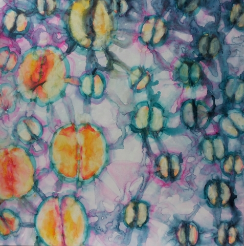 ID 12 Watercolor on canvas On Bees and Flowers, Tulips 2014 ca 140x140 cm