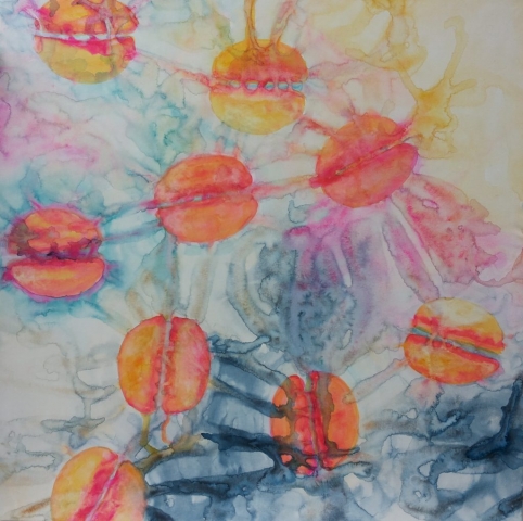 ID 11 Watercolor on canvas On Bees and Flowers, Tulips 2014 ca 140x140 cm